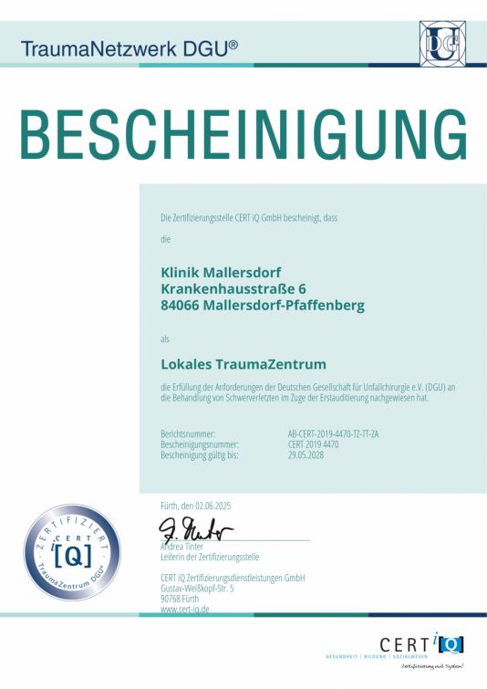 Bescheinigung TraumaNetzwerk DGU® Zertifikate